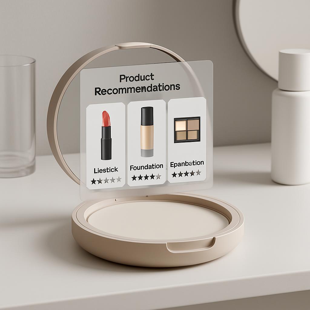 a user interface displaying product recommendations for lipstick, foundation, and eyebrow products.