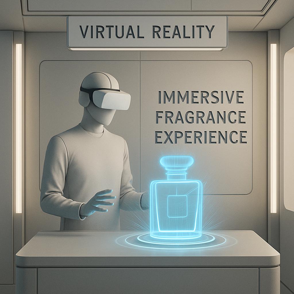 Immersive Fragrance Experience -Text on robotic man wearing vr glasses. Blue holographic leaking perfume bottle in front o...